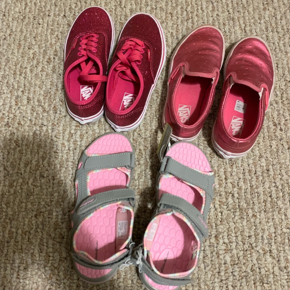Shoe lot: NWT Eddie Bauer sandals, NWOT Vans, gently-work Vans.